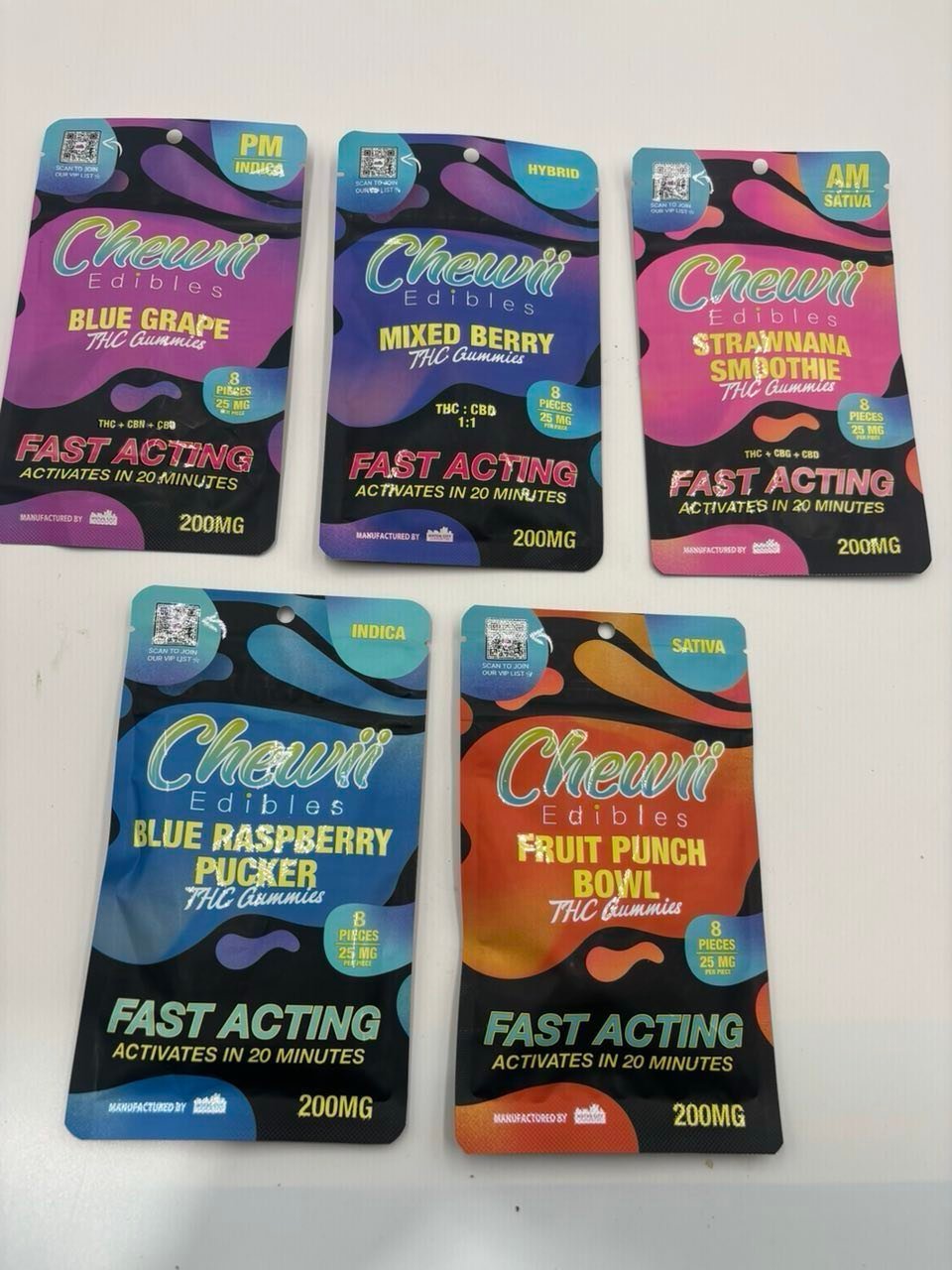 Five 200mg fast-acting cannabis chew packs in assorted flavours